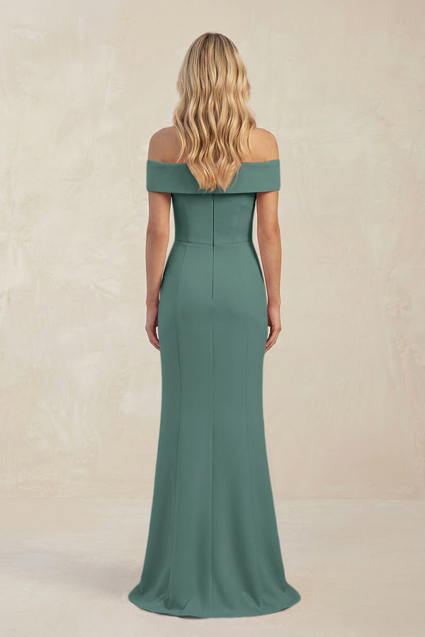 Sheath Off - the - Shoulder Satin Bridesmaid Dress With Slit in Dark Teal - KissProm Bridesmaid Dresses