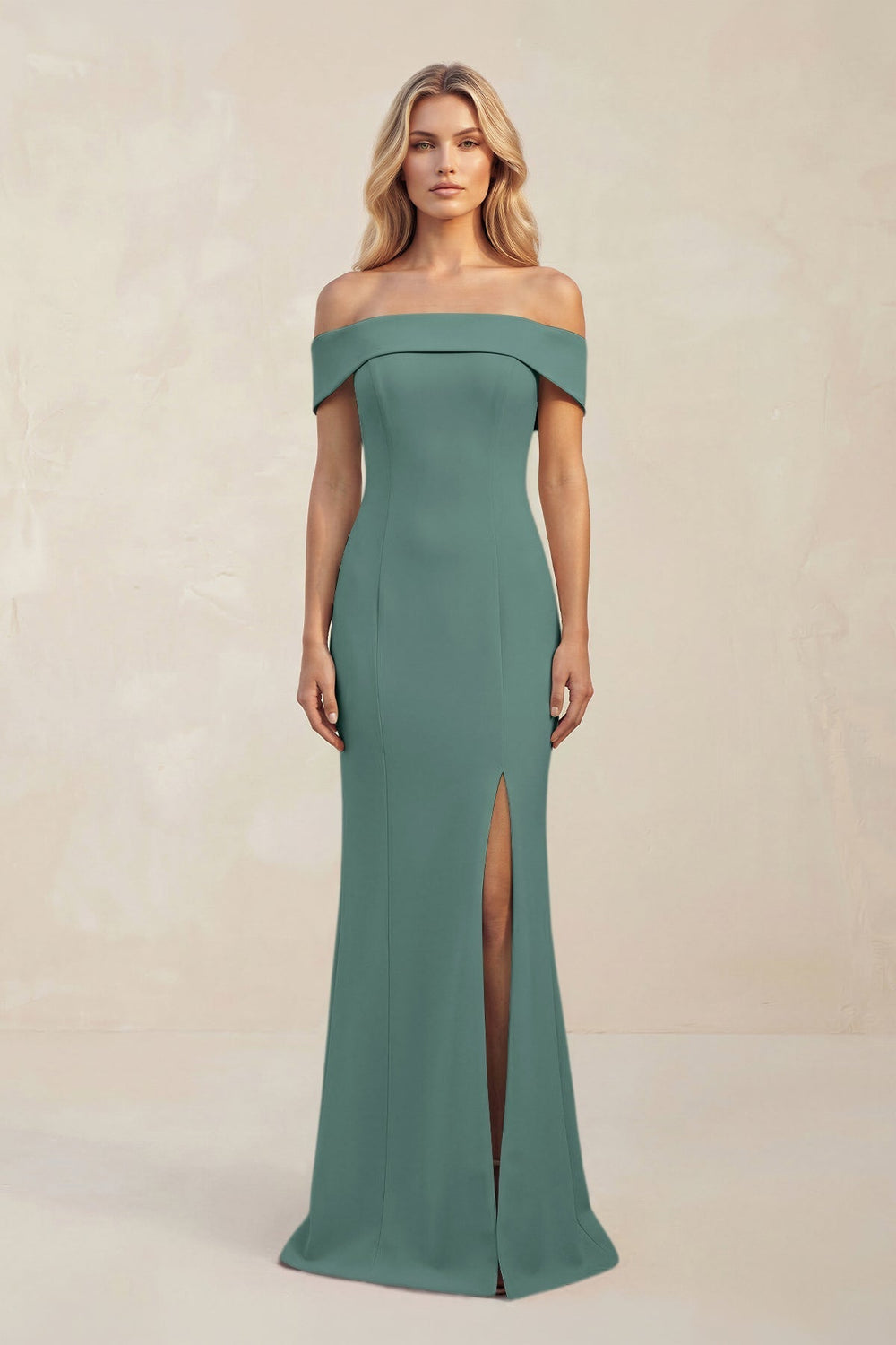 Sheath Off - the - Shoulder Satin Bridesmaid Dress With Slit in Dark Teal - KissProm Bridesmaid Dresses