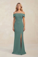 Sheath Off - the - Shoulder Satin Bridesmaid Dress With Slit in Dark Teal - KissProm Bridesmaid Dresses