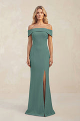 Sheath Off - the - Shoulder Satin Bridesmaid Dress With Slit in Dark Teal - KissProm Bridesmaid Dresses