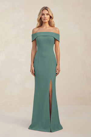 Sheath Off - the - Shoulder Satin Bridesmaid Dress With Slit in Dark Teal - KissProm Bridesmaid Dresses