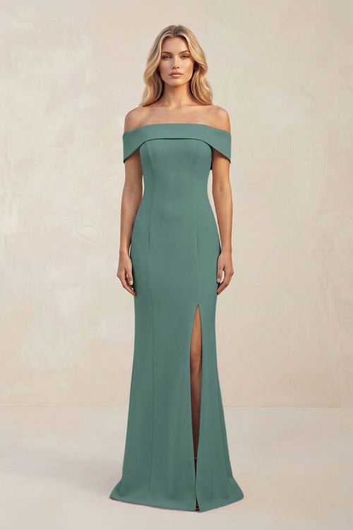 Sheath Off - the - Shoulder Satin Bridesmaid Dress With Slit in Dark Teal - KissProm Bridesmaid Dresses