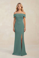 Sheath Off - the - Shoulder Satin Bridesmaid Dress With Slit in Dark Teal - KissProm Bridesmaid Dresses