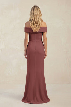 Sheath Off - the - Shoulder Satin Bridesmaid Dress With Slit in Desert Rose - KissProm Bridesmaid Dresses