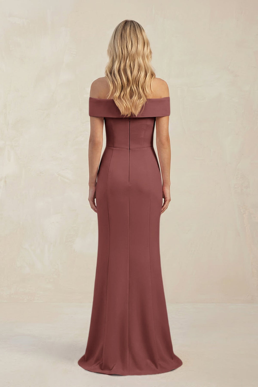 Sheath Off - the - Shoulder Satin Bridesmaid Dress With Slit in Desert Rose - KissProm Bridesmaid Dresses