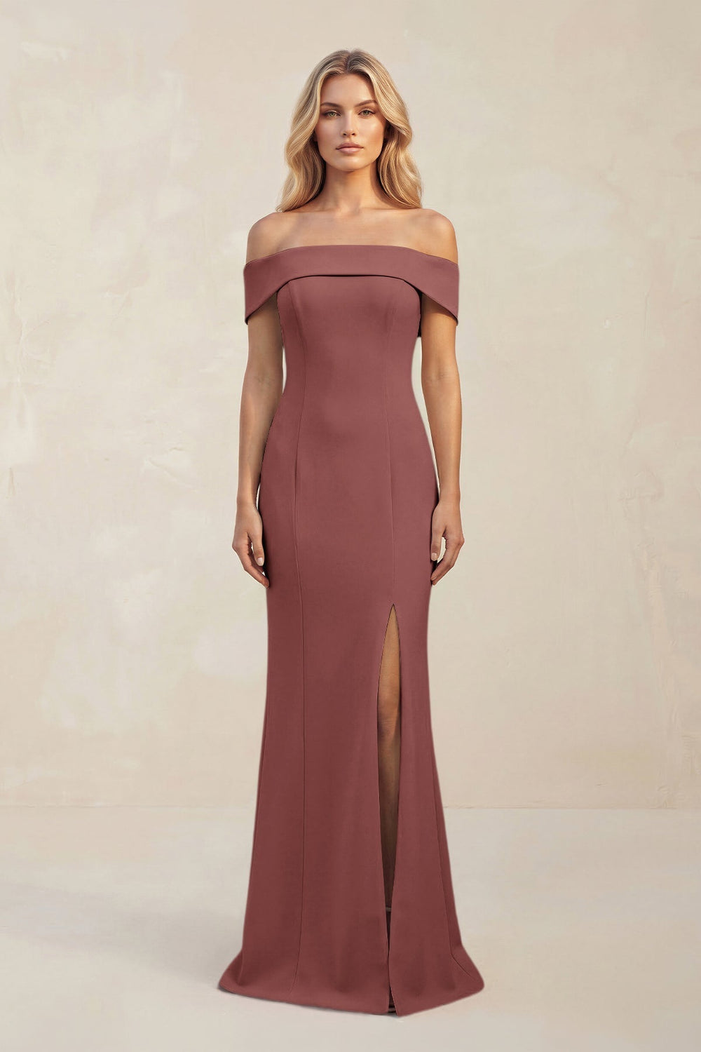 Sheath Off - the - Shoulder Satin Bridesmaid Dress With Slit in Desert Rose - KissProm Bridesmaid Dresses