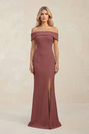 Sheath Off - the - Shoulder Satin Bridesmaid Dress With Slit in Desert Rose - KissProm Bridesmaid Dresses