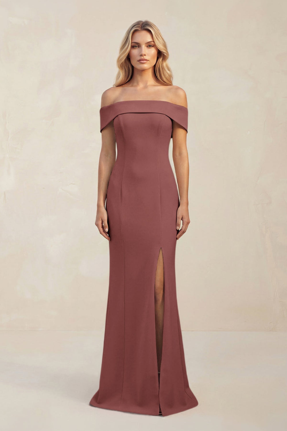 Sheath Off - the - Shoulder Satin Bridesmaid Dress With Slit in Desert Rose - KissProm Bridesmaid Dresses