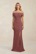 Sheath Off - the - Shoulder Satin Bridesmaid Dress With Slit in Desert Rose - KissProm Bridesmaid Dresses