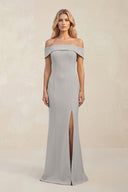 Sheath Off - the - Shoulder Satin Bridesmaid Dress With Slit in Dove Gray - KissProm Bridesmaid Dresses