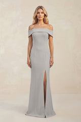 Sheath Off - the - Shoulder Satin Bridesmaid Dress With Slit in Dove Gray - KissProm Bridesmaid Dresses