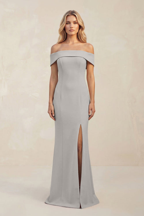Sheath Off - the - Shoulder Satin Bridesmaid Dress With Slit in Dove Gray - KissProm Bridesmaid Dresses
