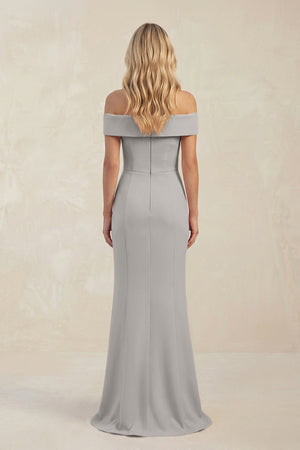Sheath Off - the - Shoulder Satin Bridesmaid Dress With Slit in Dove Gray - KissProm Bridesmaid Dresses