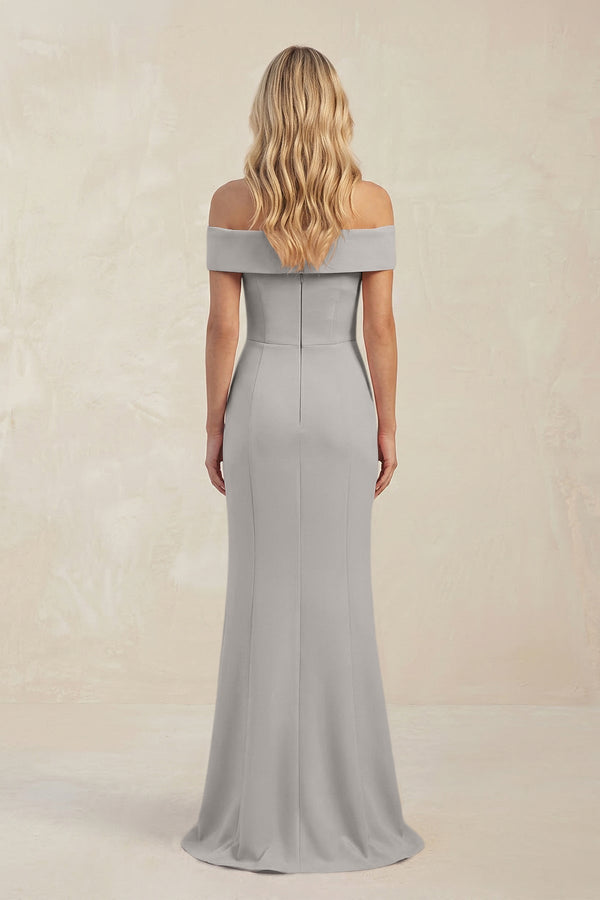 Sheath Off - the - Shoulder Satin Bridesmaid Dress With Slit in Dove Gray - KissProm Bridesmaid Dresses