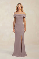 Sheath Off - the - Shoulder Satin Bridesmaid Dress With Slit in Dusk - KissProm Bridesmaid Dresses