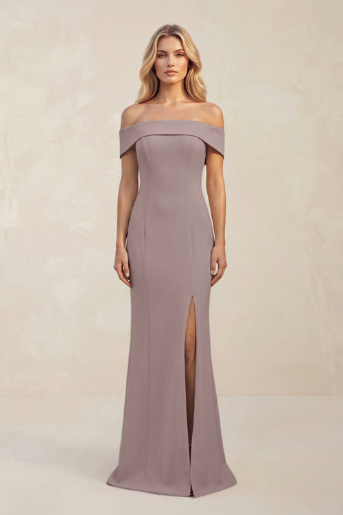 Sheath Off - the - Shoulder Satin Bridesmaid Dress With Slit in Dusk - KissProm Bridesmaid Dresses