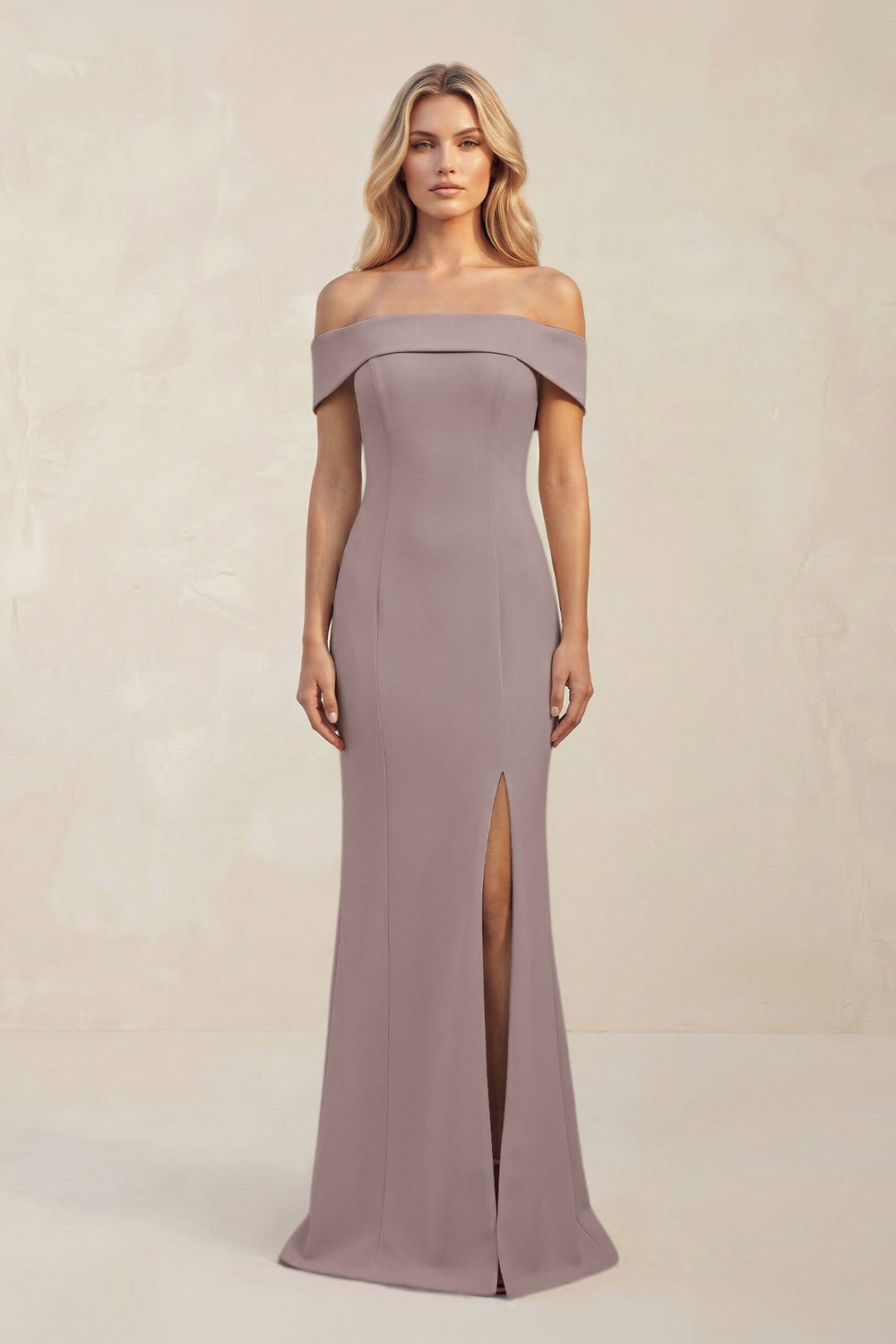 Sheath Off - the - Shoulder Satin Bridesmaid Dress With Slit in Dusk - KissProm Bridesmaid Dresses