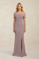 Sheath Off - the - Shoulder Satin Bridesmaid Dress With Slit in Dusk - KissProm Bridesmaid Dresses