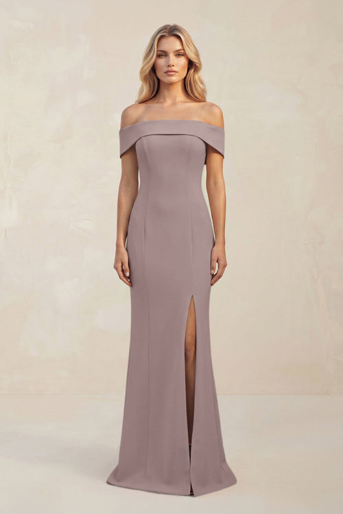 Sheath Off - the - Shoulder Satin Bridesmaid Dress With Slit in Dusk - KissProm Bridesmaid Dresses