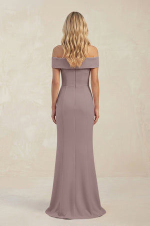 Sheath Off - the - Shoulder Satin Bridesmaid Dress With Slit in Dusk - KissProm Bridesmaid Dresses