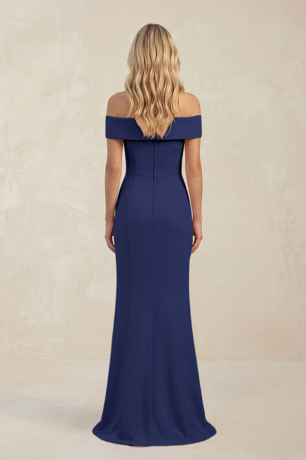 Sheath Off - the - Shoulder Satin Bridesmaid Dress With Slit in Dusk Blue - KissProm Bridesmaid Dresses