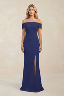 Sheath Off - the - Shoulder Satin Bridesmaid Dress With Slit in Dusk Blue - KissProm Bridesmaid Dresses