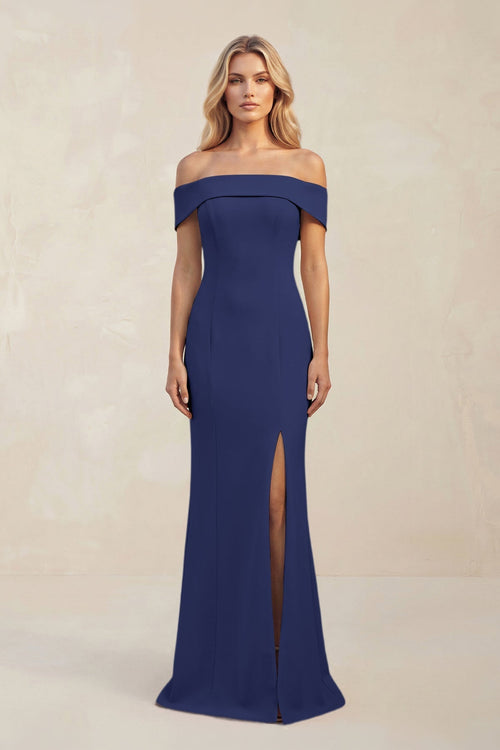 Sheath Off - the - Shoulder Satin Bridesmaid Dress With Slit in Dusk Blue - KissProm Bridesmaid Dresses