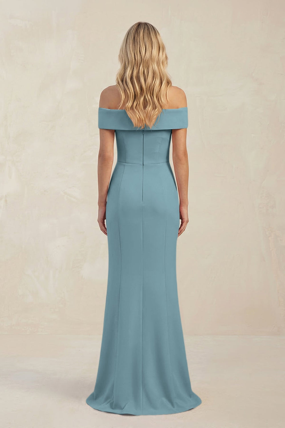 Sheath Off - the - Shoulder Satin Bridesmaid Dress With Slit in Dusty Blue - KissProm Bridesmaid Dresses