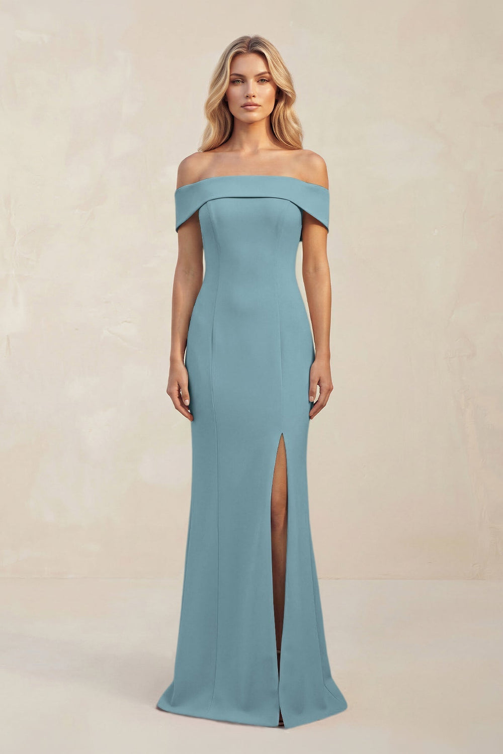 Sheath Off - the - Shoulder Satin Bridesmaid Dress With Slit in Dusty Blue - KissProm Bridesmaid Dresses