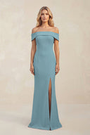 Sheath Off - the - Shoulder Satin Bridesmaid Dress With Slit in Dusty Blue - KissProm Bridesmaid Dresses