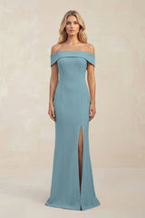 Sheath Off - the - Shoulder Satin Bridesmaid Dress With Slit in Dusty Blue - KissProm Bridesmaid Dresses