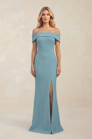 Sheath Off - the - Shoulder Satin Bridesmaid Dress With Slit in Dusty Blue - KissProm Bridesmaid Dresses