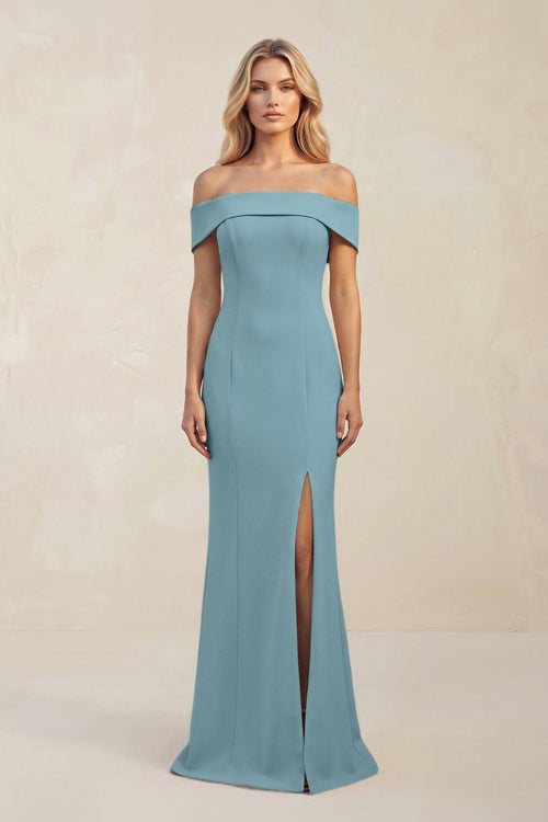 Sheath Off - the - Shoulder Satin Bridesmaid Dress With Slit in Dusty Blue - KissProm Bridesmaid Dresses