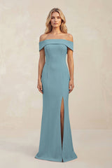 Sheath Off - the - Shoulder Satin Bridesmaid Dress With Slit in Dusty Blue - KissProm Bridesmaid Dresses