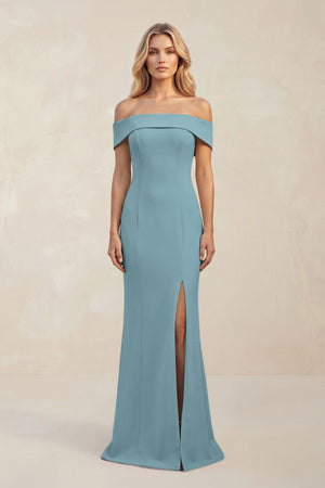 Sheath Off - the - Shoulder Satin Bridesmaid Dress With Slit in Dusty Blue - KissProm Bridesmaid Dresses