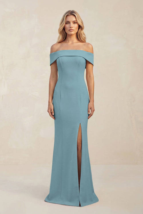 Sheath Off - the - Shoulder Satin Bridesmaid Dress With Slit in Dusty Blue - KissProm Bridesmaid Dresses