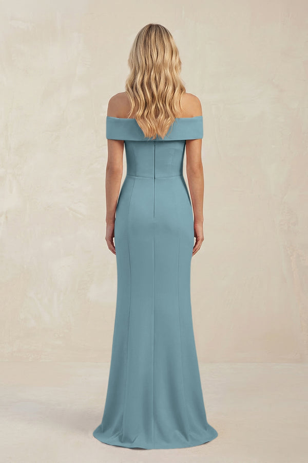 Sheath Off - the - Shoulder Satin Bridesmaid Dress With Slit in Dusty Blue - KissProm Bridesmaid Dresses