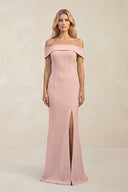 Sheath Off - the - Shoulder Satin Bridesmaid Dress With Slit in Dusty Rose - KissProm Bridesmaid Dresses