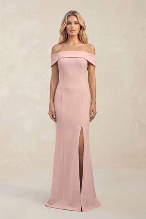Sheath Off - the - Shoulder Satin Bridesmaid Dress With Slit in Dusty Rose - KissProm Bridesmaid Dresses