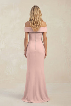 Sheath Off - the - Shoulder Satin Bridesmaid Dress With Slit in Dusty Rose - KissProm Bridesmaid Dresses