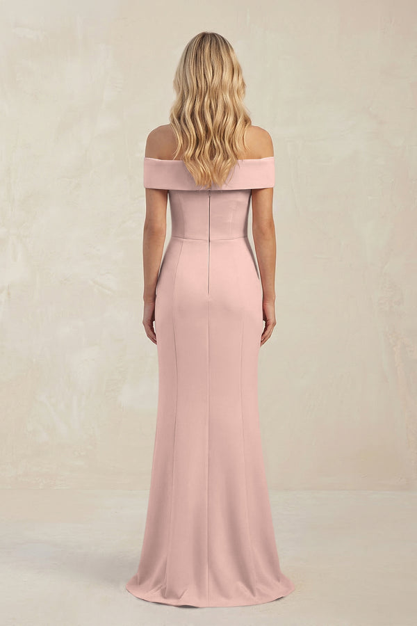Sheath Off - the - Shoulder Satin Bridesmaid Dress With Slit in Dusty Rose - KissProm Bridesmaid Dresses