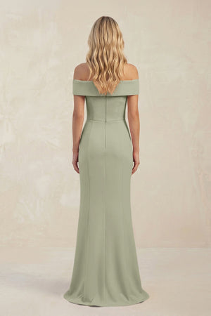 Sheath Off - the - Shoulder Satin Bridesmaid Dress With Slit in Dusty Sage - KissProm Bridesmaid Dresses