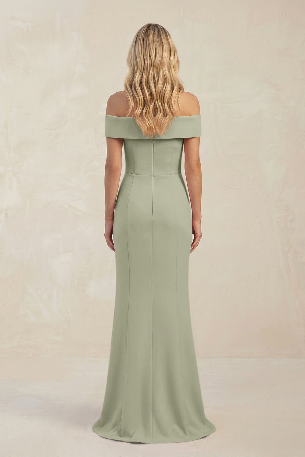 Sheath Off - the - Shoulder Satin Bridesmaid Dress With Slit in Dusty Sage - KissProm Bridesmaid Dresses