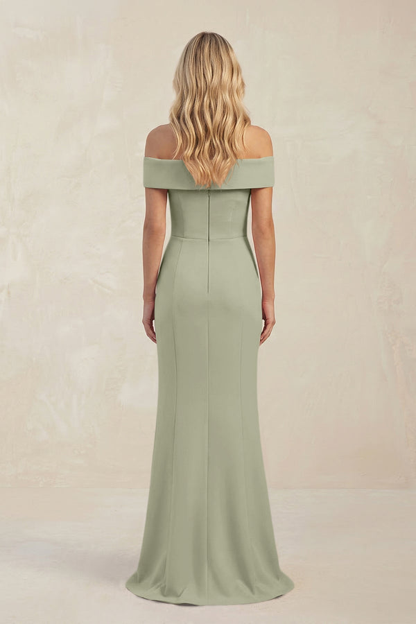 Sheath Off - the - Shoulder Satin Bridesmaid Dress With Slit in Dusty Sage - KissProm Bridesmaid Dresses