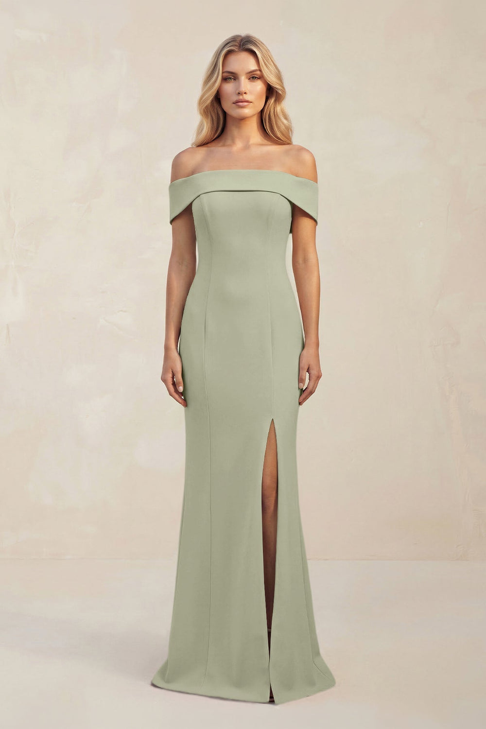 Sheath Off - the - Shoulder Satin Bridesmaid Dress With Slit in Dusty Sage - KissProm Bridesmaid Dresses
