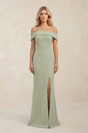 Sheath Off - the - Shoulder Satin Bridesmaid Dress With Slit in Dusty Sage - KissProm Bridesmaid Dresses