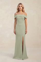 Sheath Off - the - Shoulder Satin Bridesmaid Dress With Slit in Dusty Sage - KissProm Bridesmaid Dresses