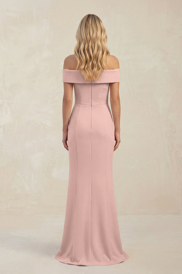 Sheath Off - the - Shoulder Satin Bridesmaid Dress With Slit in English Rose - KissProm Bridesmaid Dresses