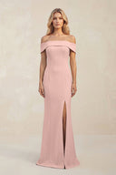 Sheath Off - the - Shoulder Satin Bridesmaid Dress With Slit in English Rose - KissProm Bridesmaid Dresses