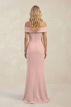 Sheath Off - the - Shoulder Satin Bridesmaid Dress With Slit in English Rose - KissProm Bridesmaid Dresses